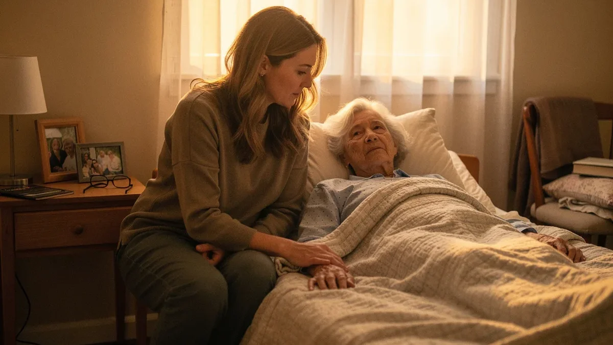Adult daughter sitting on the edge of a low residential bed beside her elderly mother in a warm, calm bedroom with soft morning light