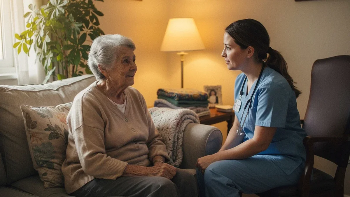 Older woman and a care aide sitting together in the warm, homelike living room of a small residential care home in soft afternoon light