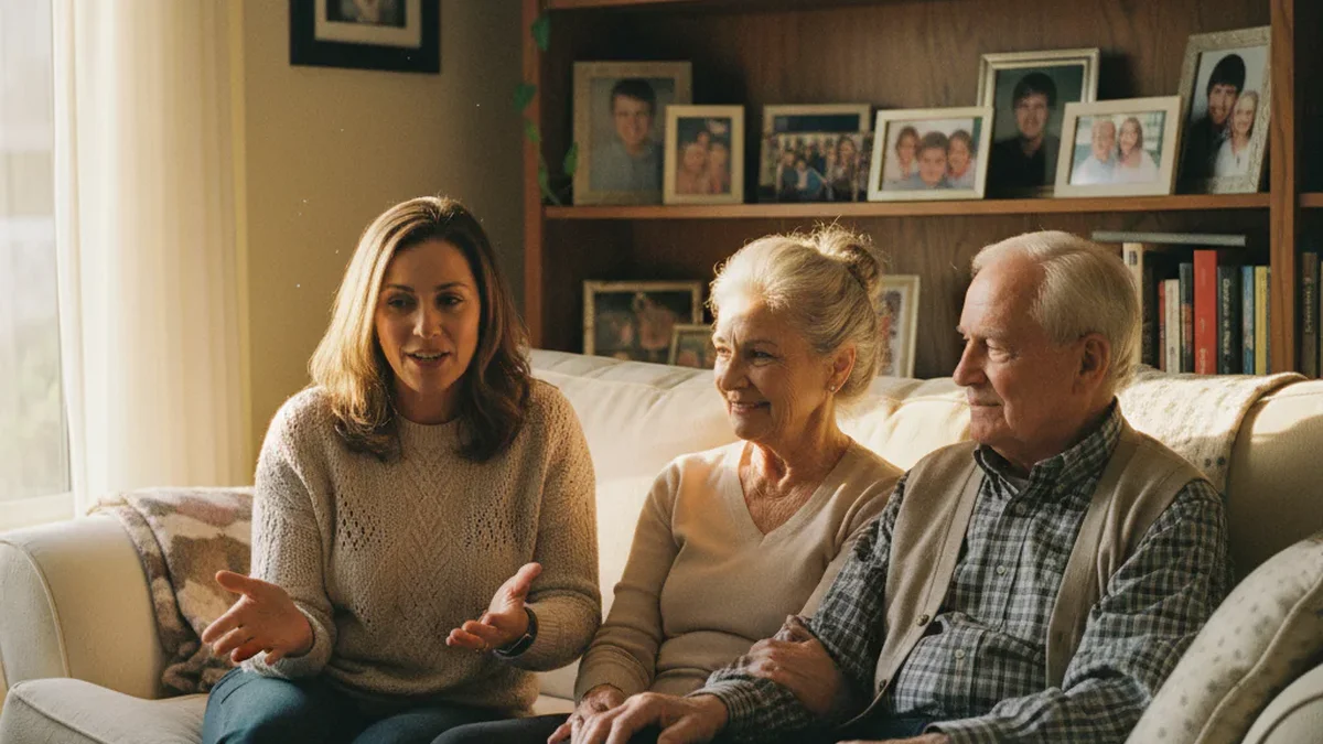 Adult daughter in her 40s sitting with her two elderly parents in a warm residential living room, all three together, late afternoon light