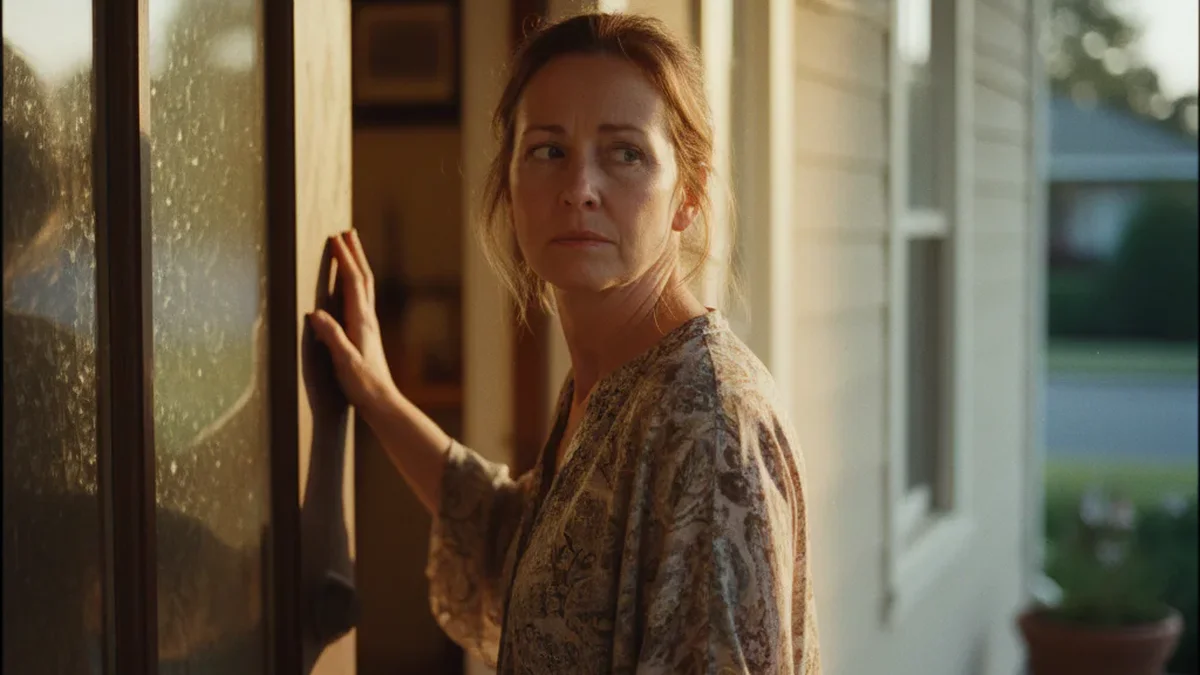 Woman in her 50s standing at a residential front door, one hand on the doorframe, looking back inside with a conflicted expression