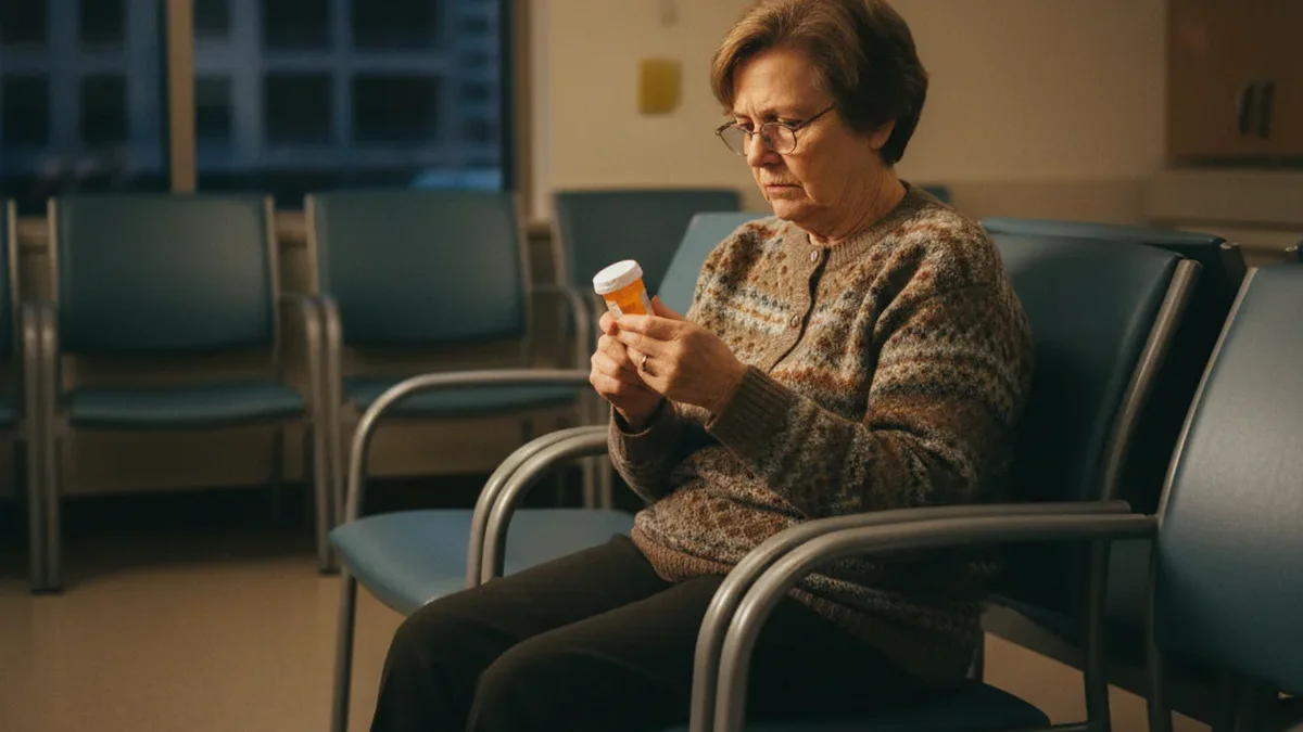 Woman in her 60s sitting in a hospital waiting room chair, tired expression, holding a prescription bottle, warm institutional lighting