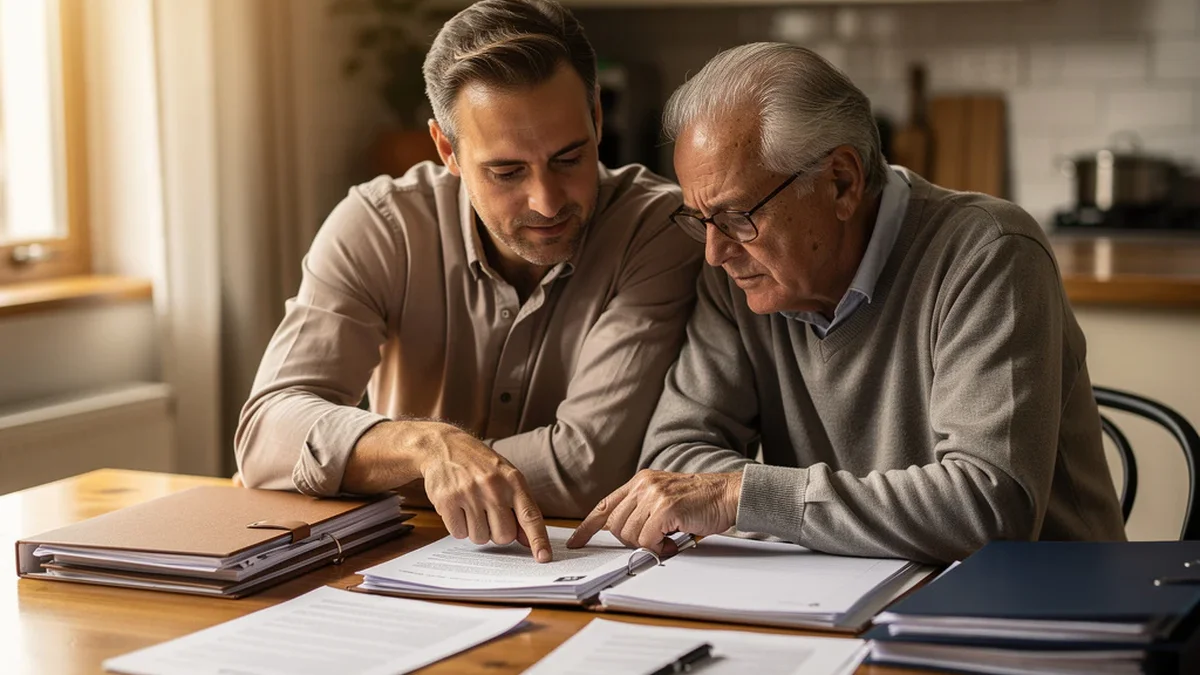 Adult son and elderly father reviewing legal paperwork together at a kitchen table, calm and focused, warm afternoon light