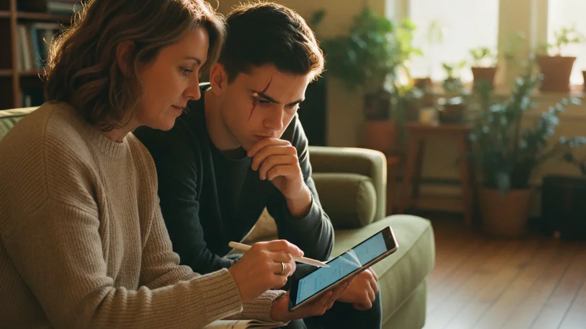 Adult woman in her 30s sitting beside her brother on a couch at home, helping him with a notebook, warm afternoon living room light