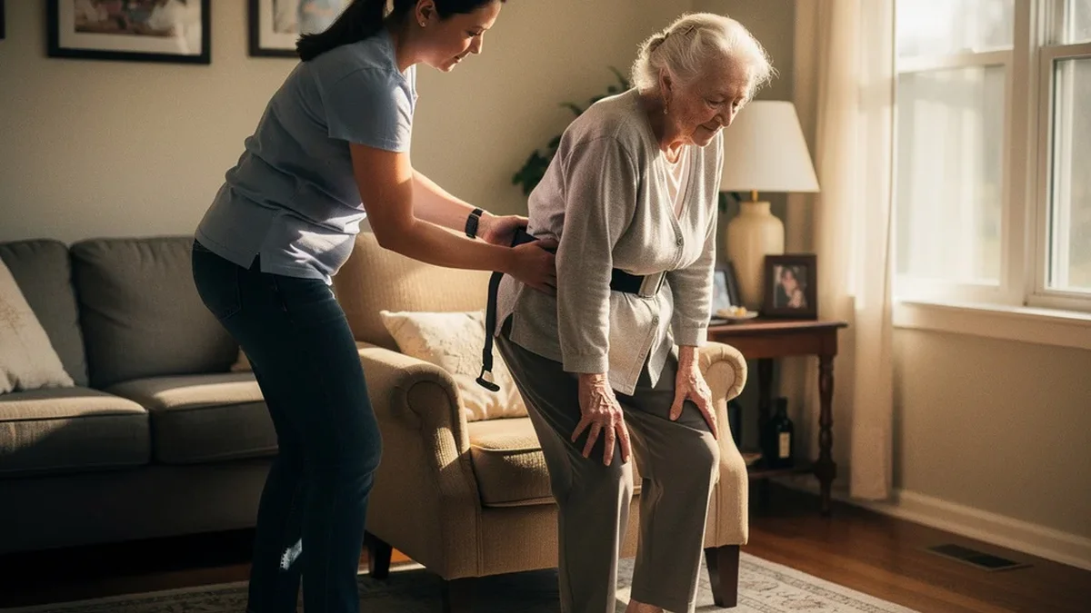 Adult daughter helping elderly mother stand from a chair using a gait belt, home living room, warm afternoon light