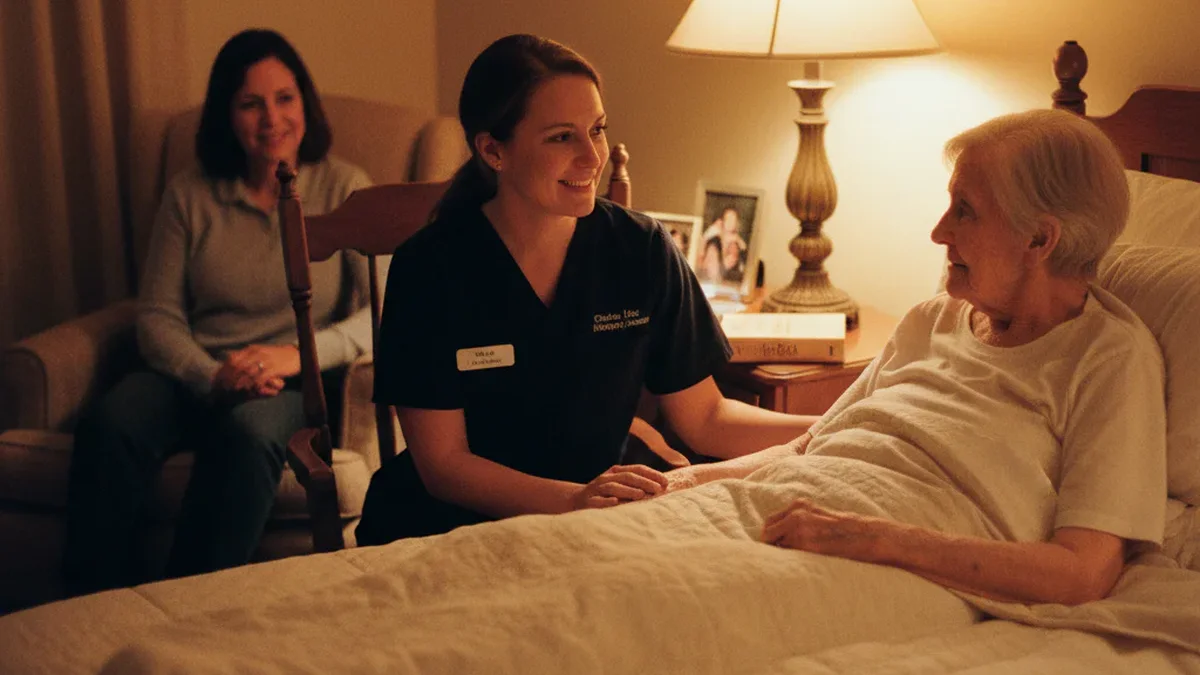 Hospice nurse sitting beside an elderly patient in a warm residential bedroom, family member nearby