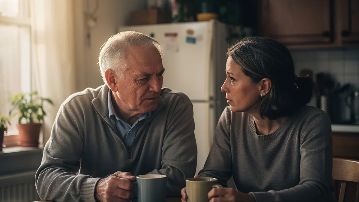 Family member reviewing medical paperwork at a kitchen table, organized and focused